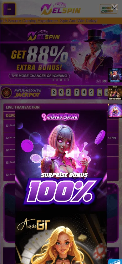 Nelspin Casino mobile browser home on an iOS or Android device