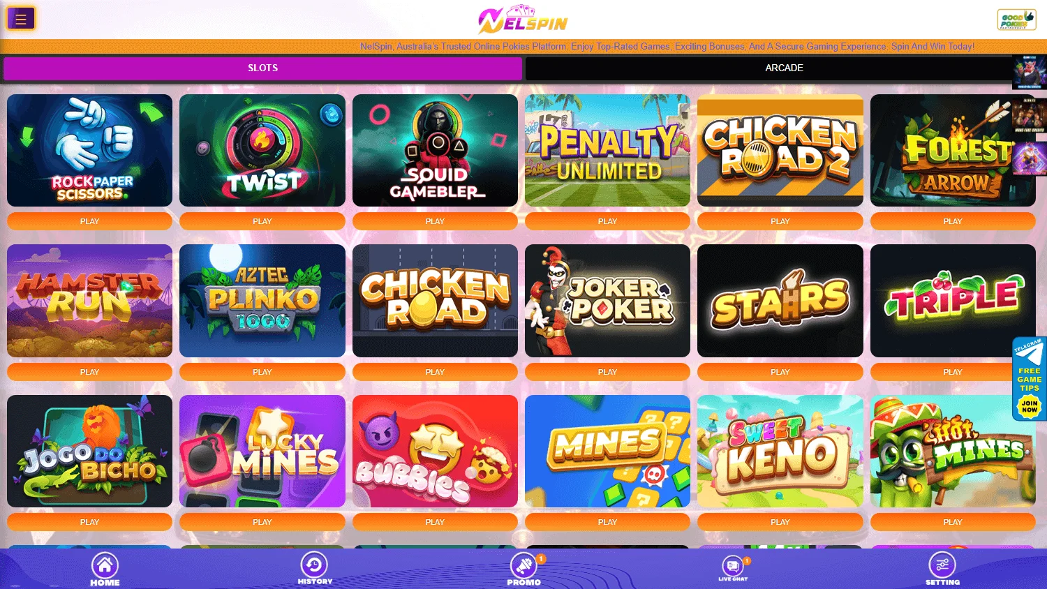 Nelspin Casino desktop games catalogue with casino and live game categories